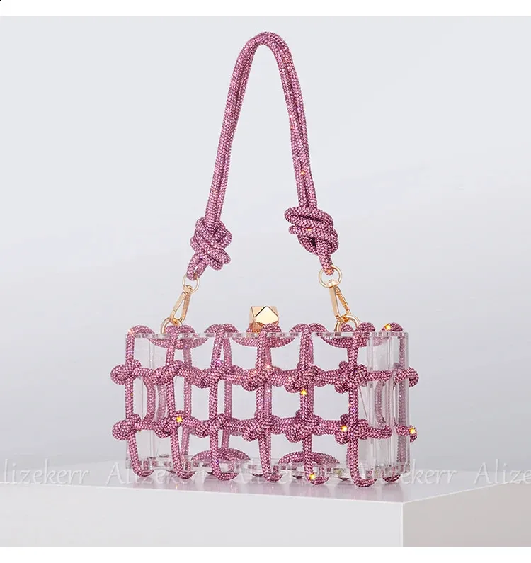 Bolsos de mano de noche con caja de acrílico transparente Dia para mujer, bolsos de mano y carteras de mano con cuerda anudada tejida, para bodas y fiestas_voghion.com