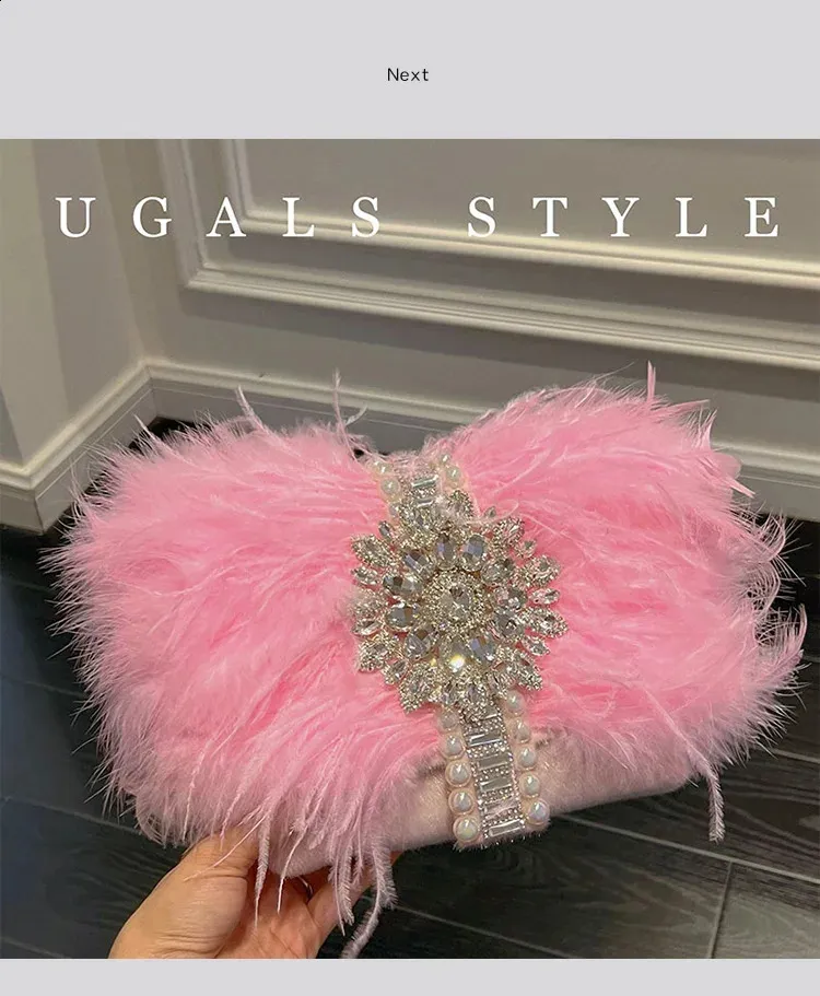 Ostrich Feather Evening Bag With Pearl Details For Women Party_voghion.com