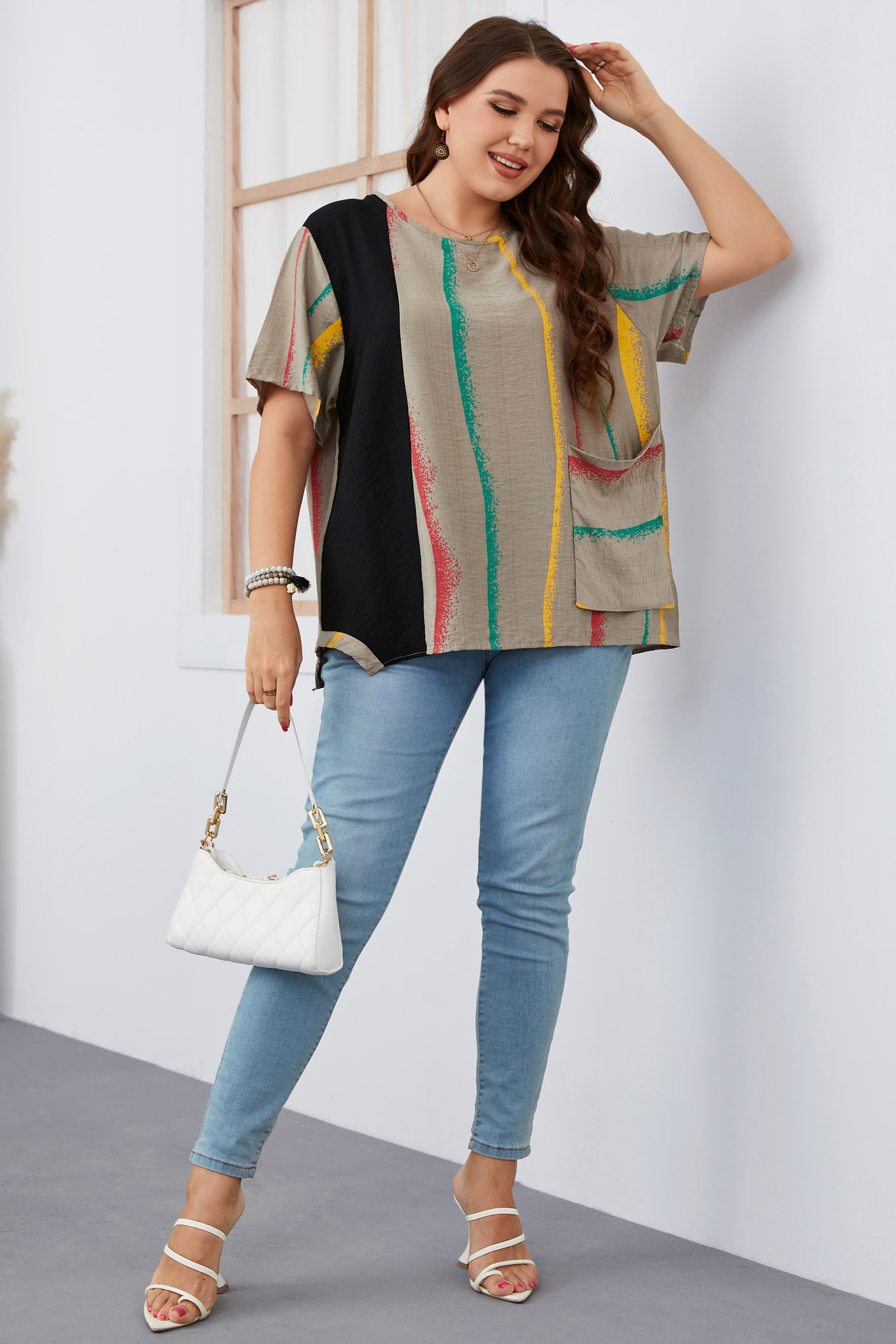 Women's striped contrast color large size women's shirt slim round neck women's clothing_voghion.com