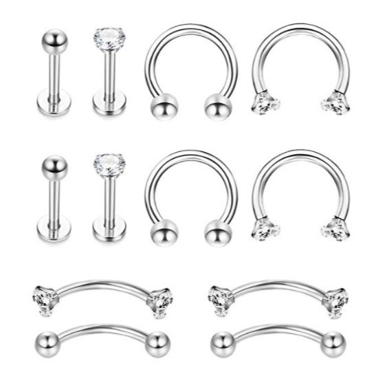 Ensemble de 12 pièces de bijoux de perforation, anneau de nez, ongle de nez, ongle de sourcil, ongle de lèvre, boucle d'oreille
