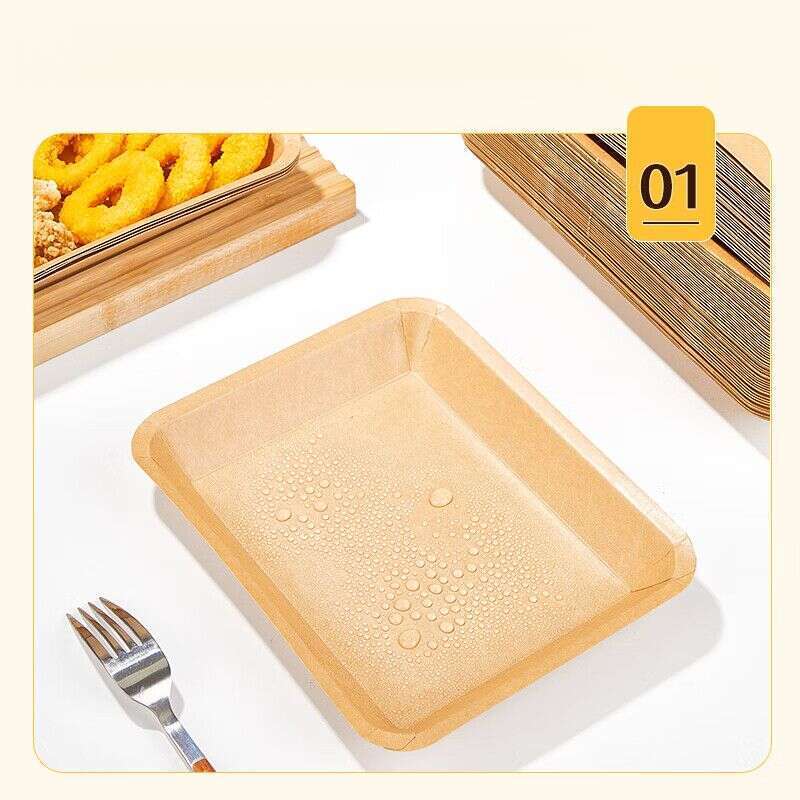 Tăvi dreptunghiulare de unică folosință din hârtie kraft pentru grătar, frigărui, farfurii de hârtie pentru gustări, cutii de ambalare, articole de masă_voghion.com