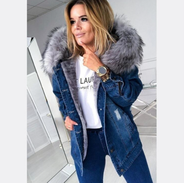Vêtements pour femmes, nouvelle veste en jean en coton épais avec col en peluche pour femmes