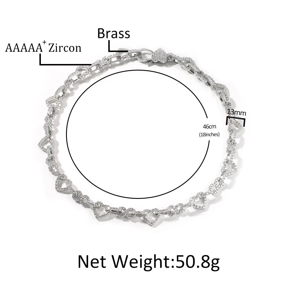 13mm Hip Hop Heart Shape Tennis Chain Necklace Bracelet Real Gold Plated Bling 5A Zircon Jewelry Set_voghion.com