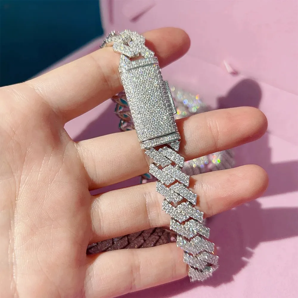 Modes aproce ar dimantu, hiphopa rotaslietām, VVS akmeni, spīdīga 2 rindu sieviešu 14 mm sterliņu sier kaklarota ar kubiešu moissanītu_voghion.com