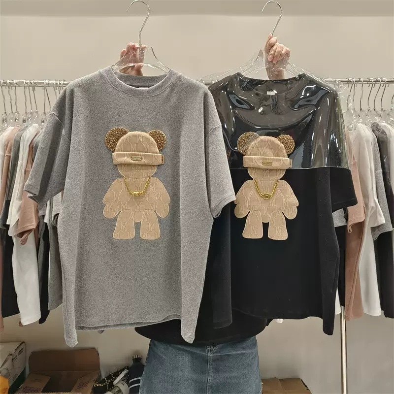thickened brushed half-sleeved T-shirt loose large version mid-length short-sleeved top for women