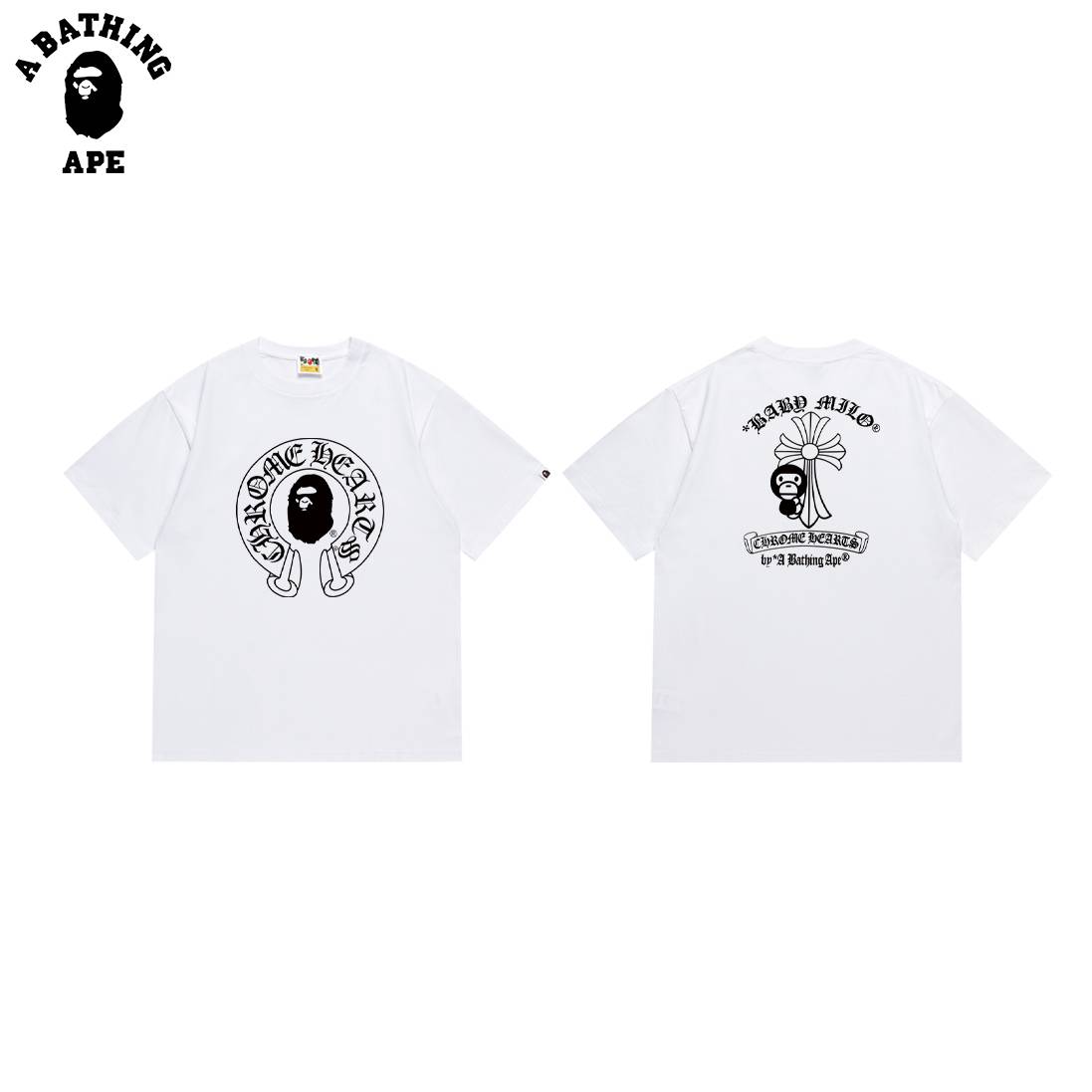 A BATHING APE BAPE-BAPE&Chrome Ape Head Collaboration Croheart Classic Letter Printed Cotton Short Sleeve