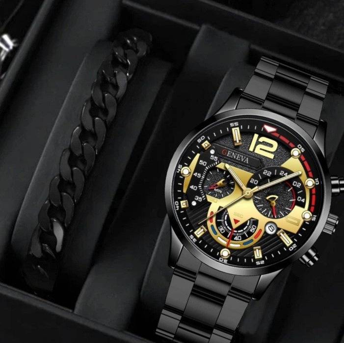 Elegant Geneva Calendar Watch For Men - Stainless Steel Quartz Wristwatch With Stylish Accessory Set (Black/Silver/Gold)_voghion.com