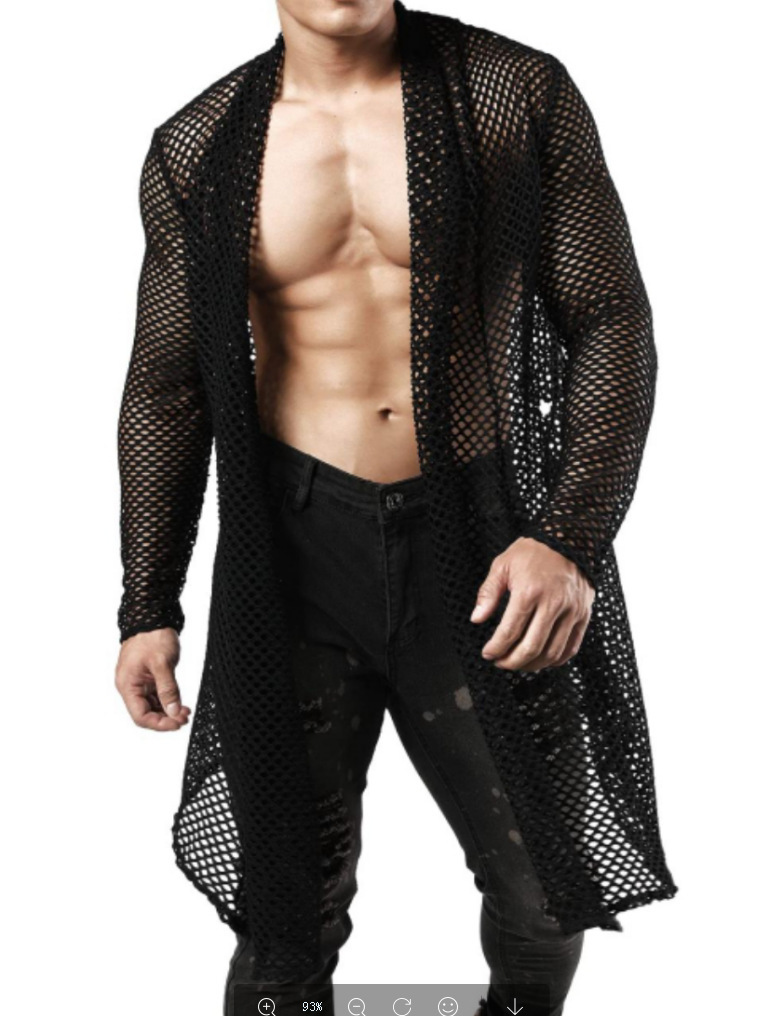 Herren-Übergröße, Schalkragen, Cut-Out, lange Strickjacke, Netzstoff, durchsichtig, Langarmshirt_voghion.com