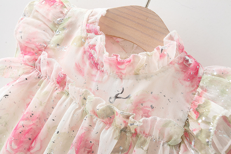 Baby Yellow Dress Baby Girl Rose Flower Printed Chiffon Princess Dress Send Beach Hat_voghion.com