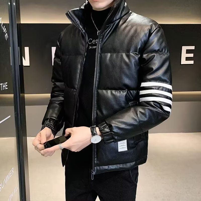Winter thickened stand-up collar PU leather jacket for boys, trendy and versatile four-stripe slim cotton jacket, bread