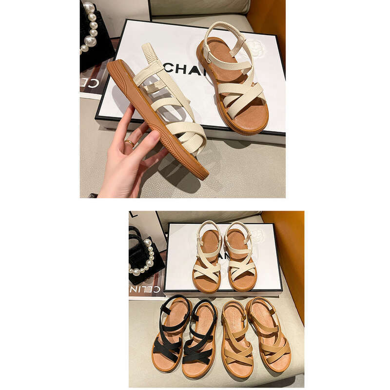 2025 Summer New Fashion Cross Elastic Strap Flat Soft Bottom Women's Sandals_vogvips.com