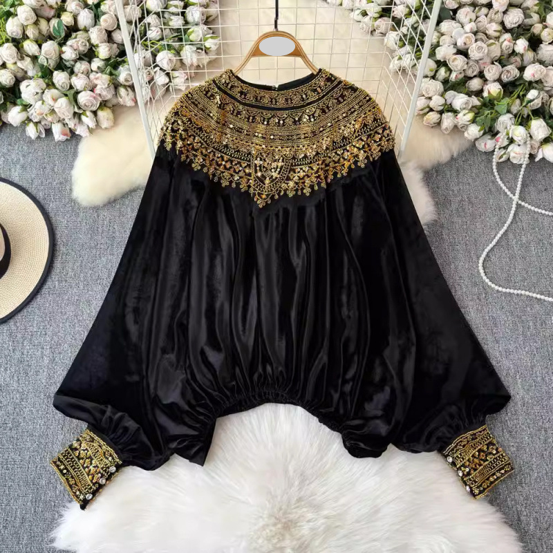 Vêtements pour femmes, chemise de qualité à la mode avec texture en velours doré pailleté, nouveaux produits pour l'automne et l'hiver
