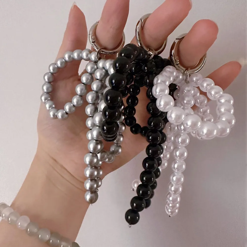 Portachiavi coreano Y2K con perline, fatto a mano, a forma di fiocco, portachiavi a forma di cuore, ornamento con perle, decorazione per borse e telefoni_voghion.com