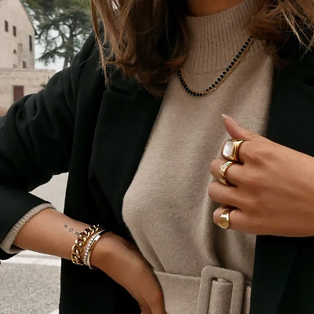 Lanțuri stil boho din oțel inoxidabil cu mărgele negre și piatră de sticlă dublă colier felie accesorii pentru femei_voghion.com