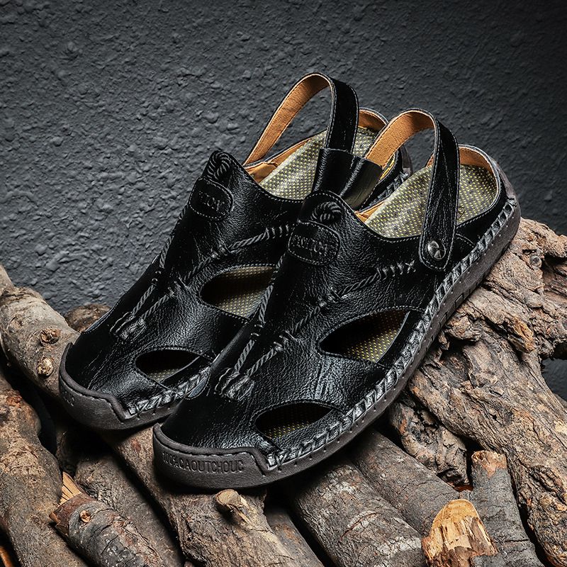2024 New Summer Baotou Breathable Handmade Casual Leather Sandals Dual purpose Set, Trendy Lazy Beach Shoes_voghion.com