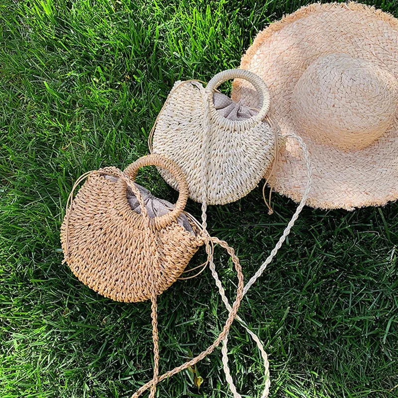 Half-round Rattan Shoulder Bag Large Capacity Summer Beach Tote_voghion.com
