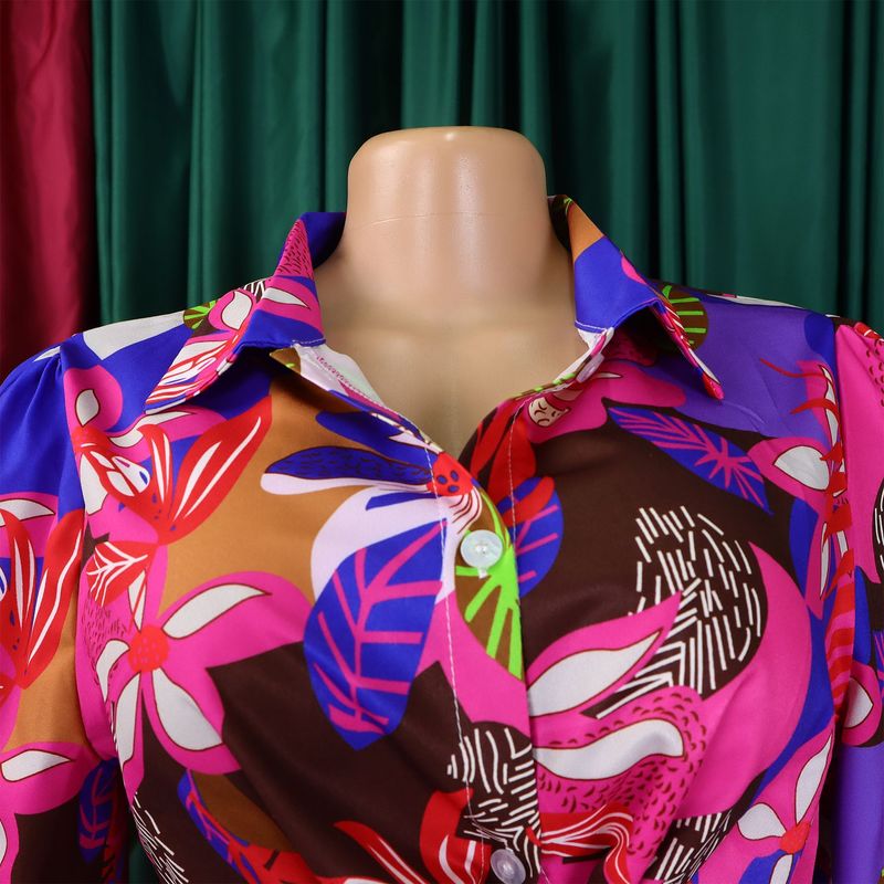 Women's Fashion Print Two-piece Lapel Tie Shirt Wide Leg Pants Suit_voghion.com