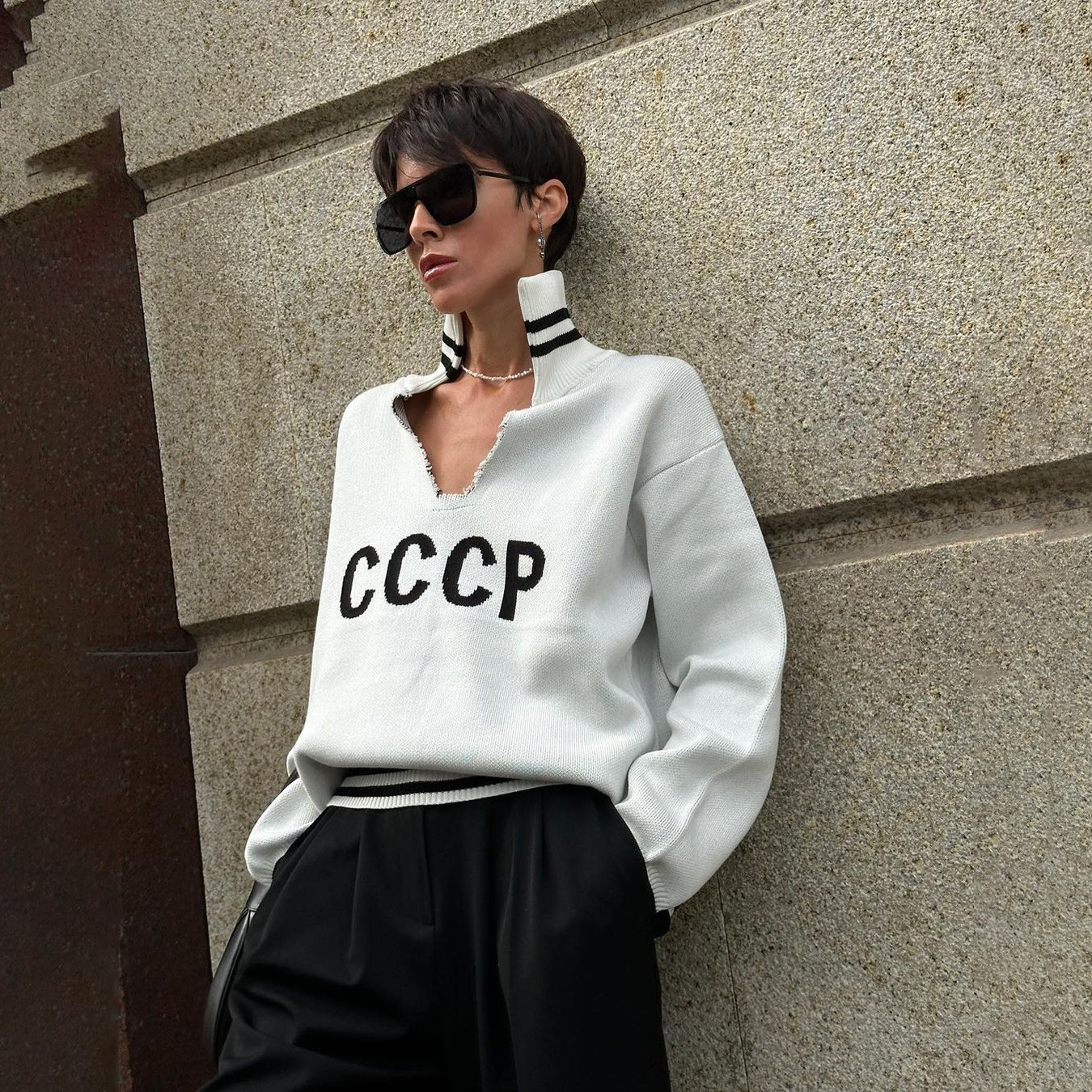 Suéter de manga larga con diseño personalizado y solapa para mujer, suave y encerado, con dobladillo tejido y letras de colores