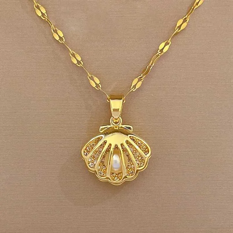 Anhänger Halsketten Modische leichte personalisierte Mikro-verzierte Schmuck Muschel Perlenkette klassischer Edelstahl_voghion.com