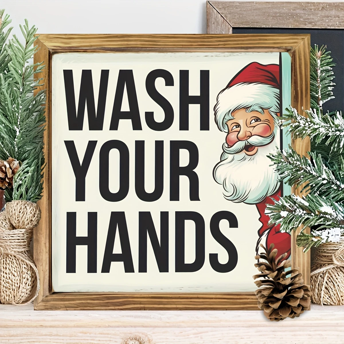 8x8" Vintage Weihnachtsmann "Wasch deine Hände" Holzschild - Rustikale Wandkunst für Küche, Bad & Büro | Einzigartiges Weihnachtsgeschenk_voghion.com