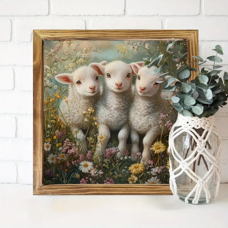Panneau en bois vintage 8 x 8 pouces avec agneaux et fleurs – Décoration murale rustique encadrée pour cuisine, chambre, bureau – Cadeau idéal pour Pâques ou une pendaison de crémaillère_voghion.com