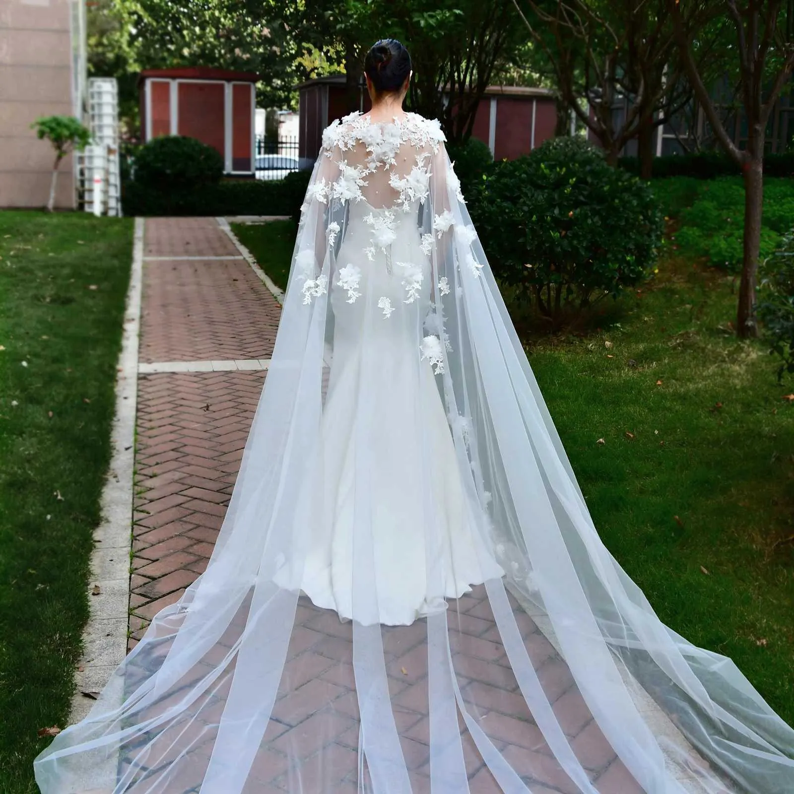 Hair Jewelry Womens Long Capes Veil 3D Flowers Bridal Cloak Wedding Accessories For Bride Bolero Shawl Soft Evening Cape_voghion.com