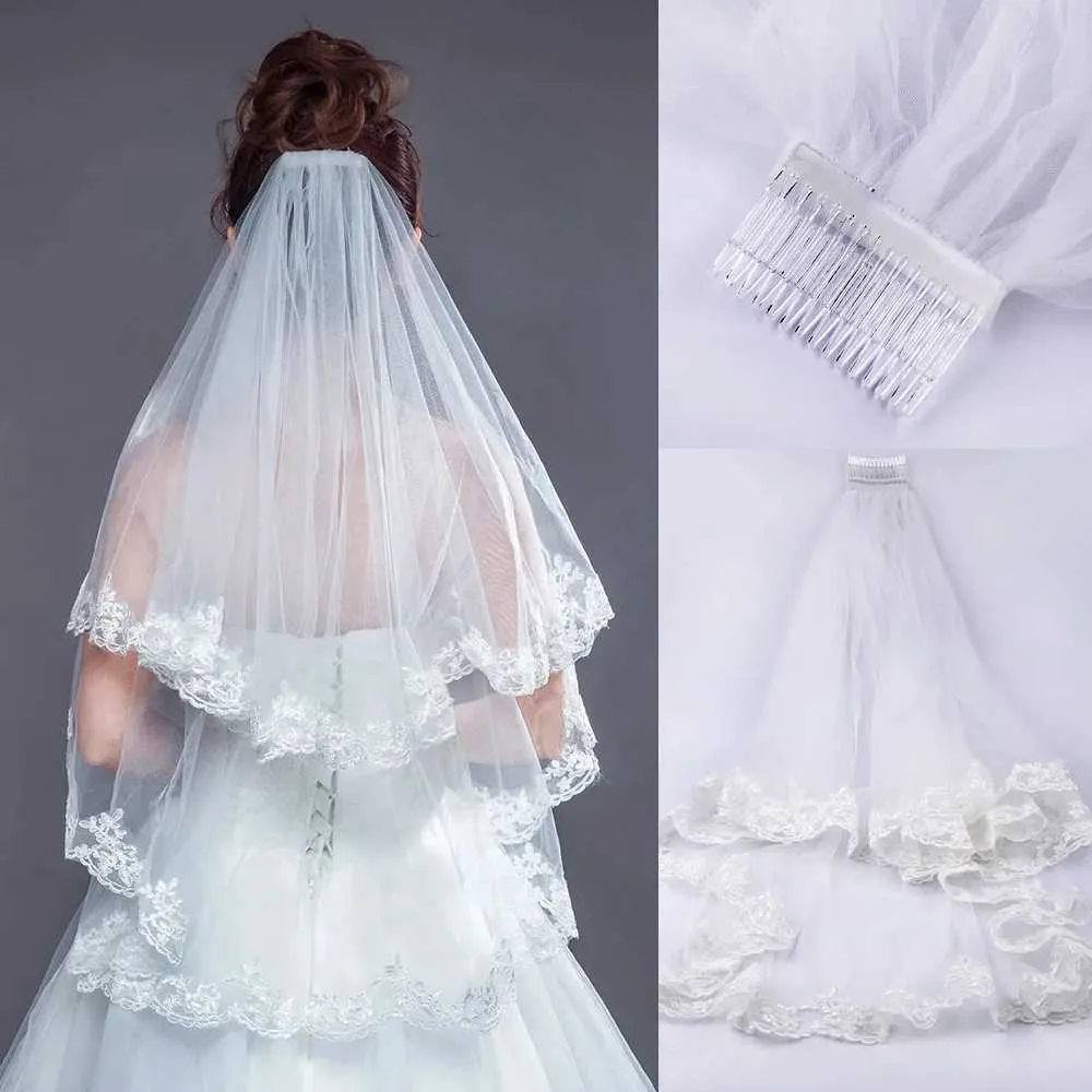 Velo bianco a due strati con bordo in pizzo, sexy, corto, lunghezza vita, da sposa, con pettine, per la sposa_voghion.com