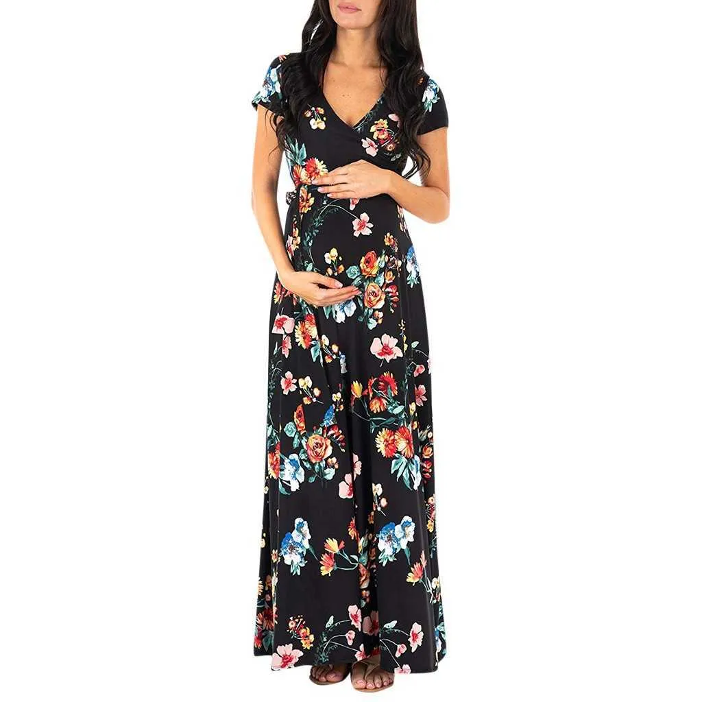 Women's Long Dress Prom Clothes Floral Printed V Neck Summer Pregnancy Dresses For Pregnant Women Maternity Clothing_voghion.com