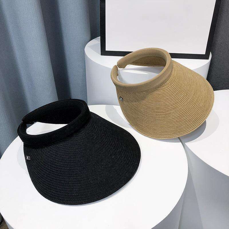 Women's Summer Straw Sunshade Beach Travel Face Covering UV Protection Empty Top Large Brimmed Sunscreen Sun Hat_viptrois.com