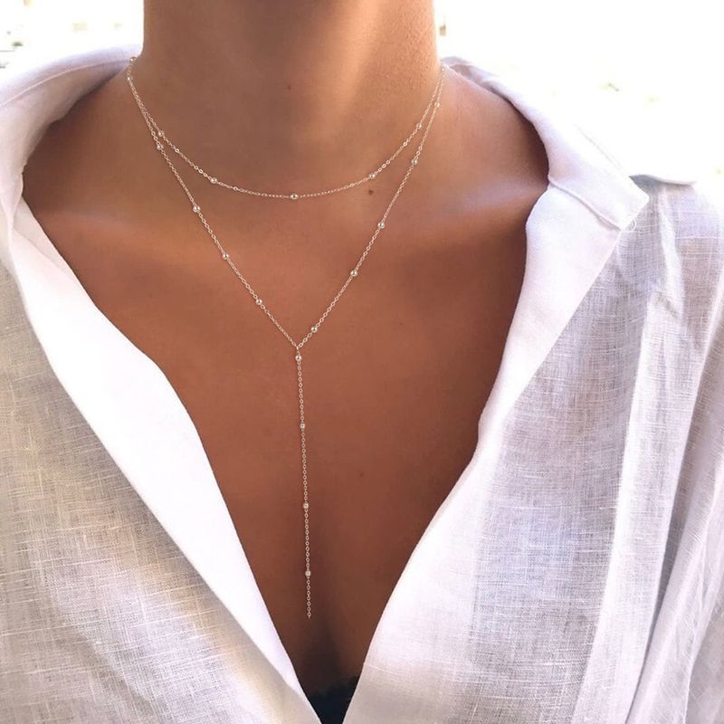 Collier empilable multicouche en forme de Y en acier inoxydable avec perles rondes et pampilles doubles_voghion.com