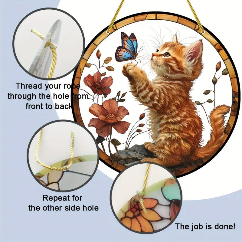 Captor de soare jucăuș cu pisicuță și fluture - artă acrilică vibrantă de 20 cm. Decor fantezist pentru ferestrele din grădină sau cadoul prețuit al iubitorilor de animale._voghion.com