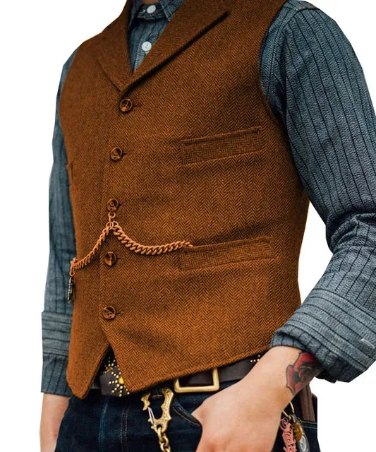 Herrenwesten Anzugweste Braune Hochzeit Wolle Tweed Business Weste Jacke Lässig Slim Fit Gilet Homme Für Bräutigam Mann_voghion.com