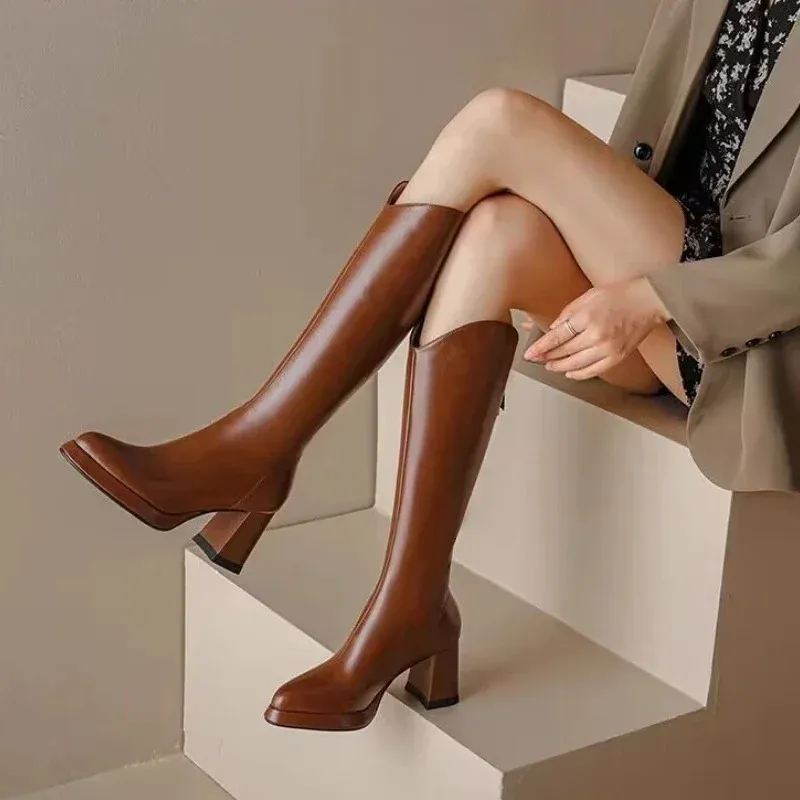 Shoes Women for Fashion New Pointed Toe Thick Heel Womens Knee High Winter Warm Brown Long Boots atos De Mujer 240612 s_voghion.com