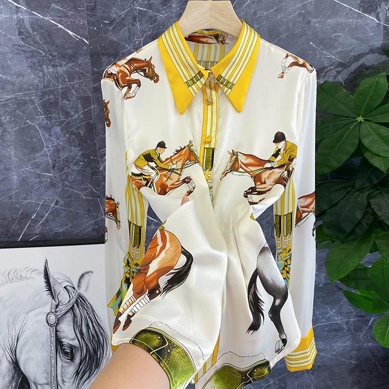 Womens Clothing heavy silk stretch satin equestrian positioning flower print shirt womens tops 21 €