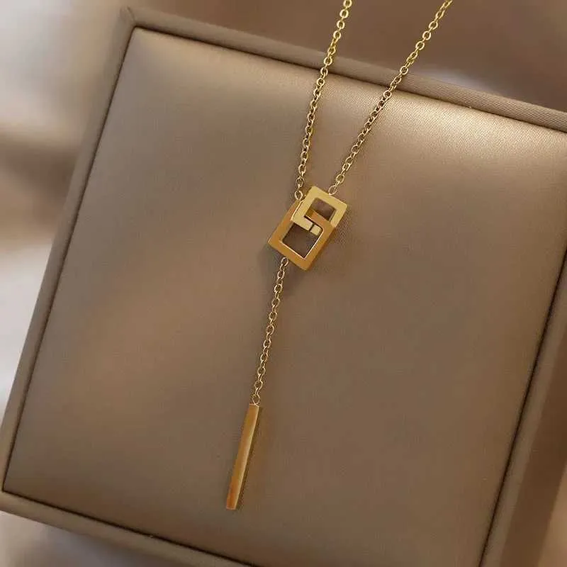 Collane con ciondolo, moda, leggere, europee e americane, collana quadrata classica, semplice, doppia fibbia in acciaio inossidabile_voghion.com