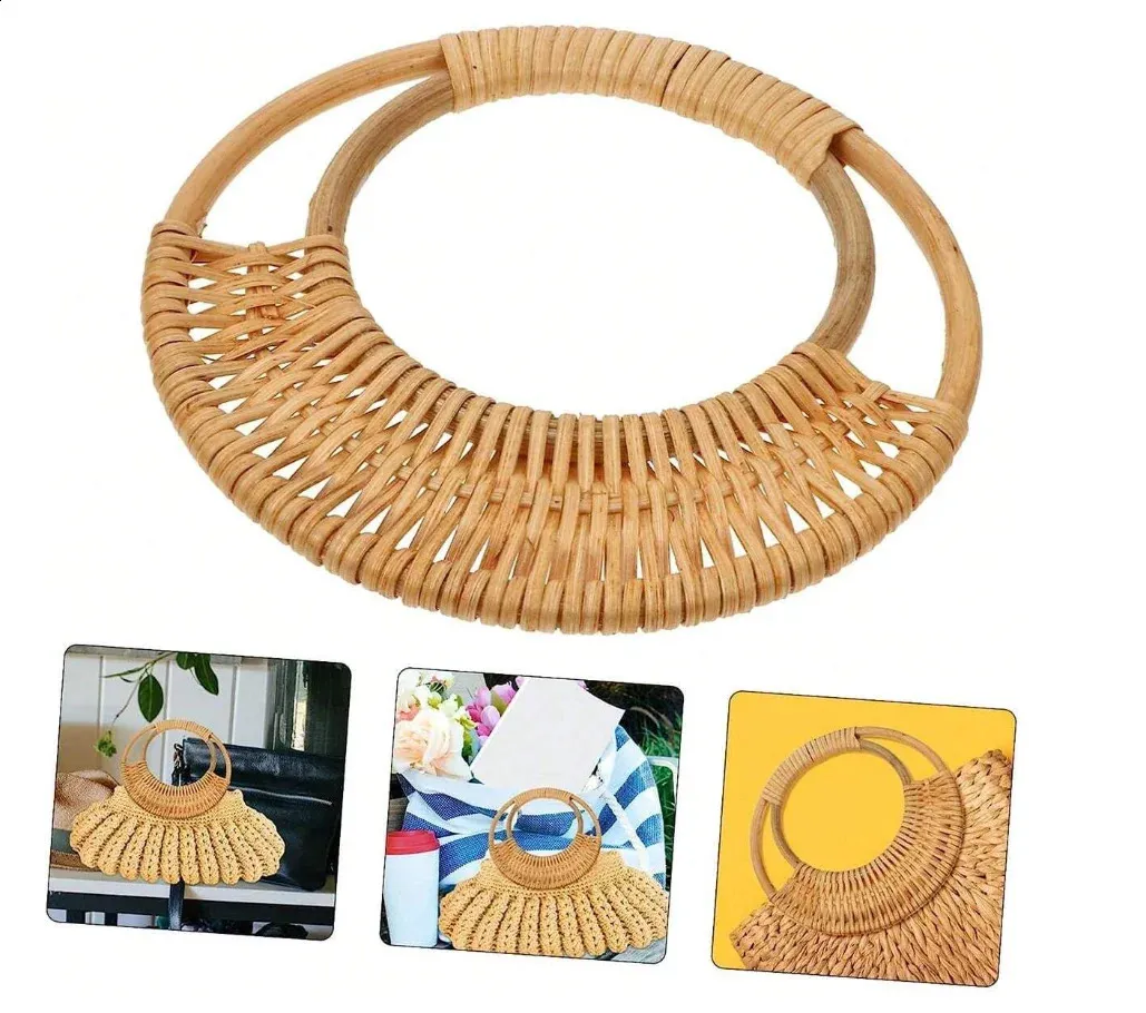 Borsa a mano in rattan intrecciato con manici di ricambio per tracolla per borsa fai da te, accessori per borse in bambù retrò 240731_voghion.com