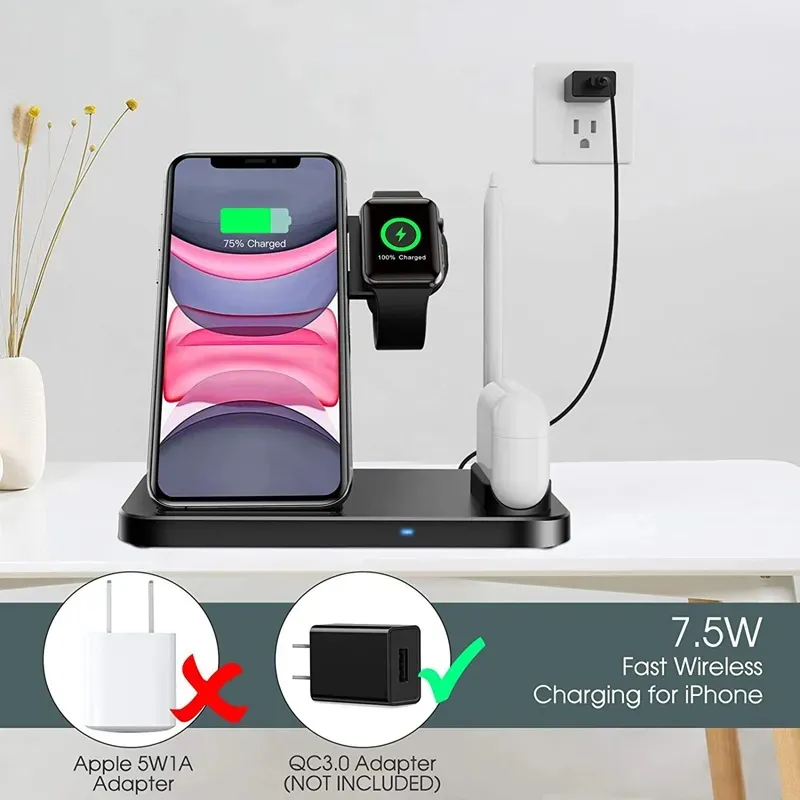 10W Type-C Fast Stand 4 In 1 Wireless Charger For Fashion IPhone Mobile Phone Earphone Watch_voghion.com