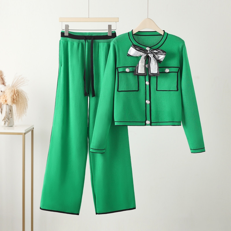 Traje de suéter ruso de manga larga para mujer, traje de pantalones con top tejido para mujer