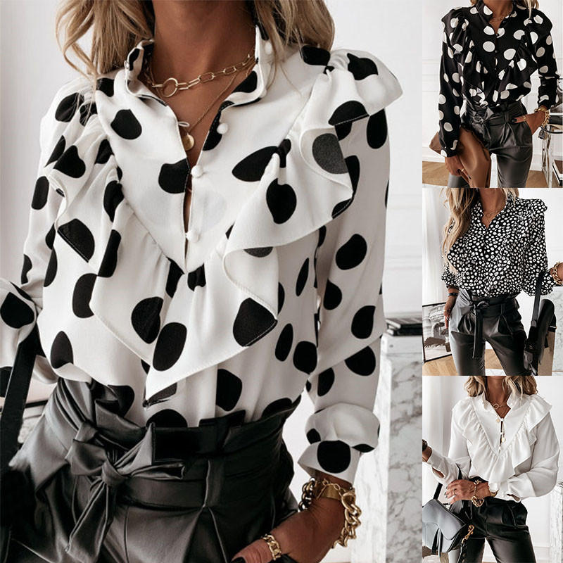 Camisa de mujer con cuello en V, manga larga y volantes con botones