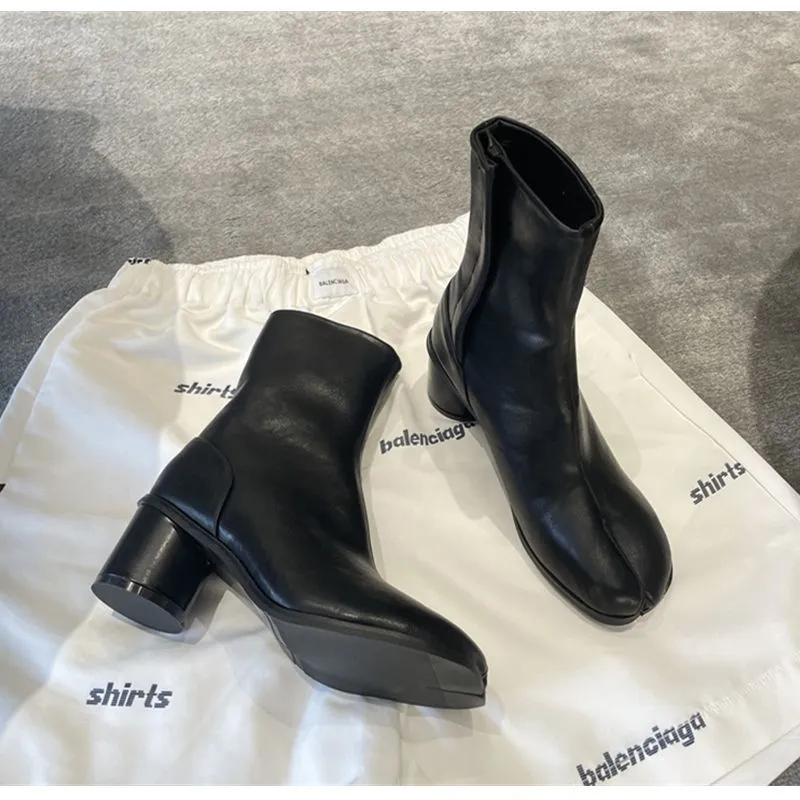 Women Ankle Boot Fahion Autumn Winter Soft Leather Split Toe Tabi Thick High Heel Chunky Shoe In Style Short_voghion.com