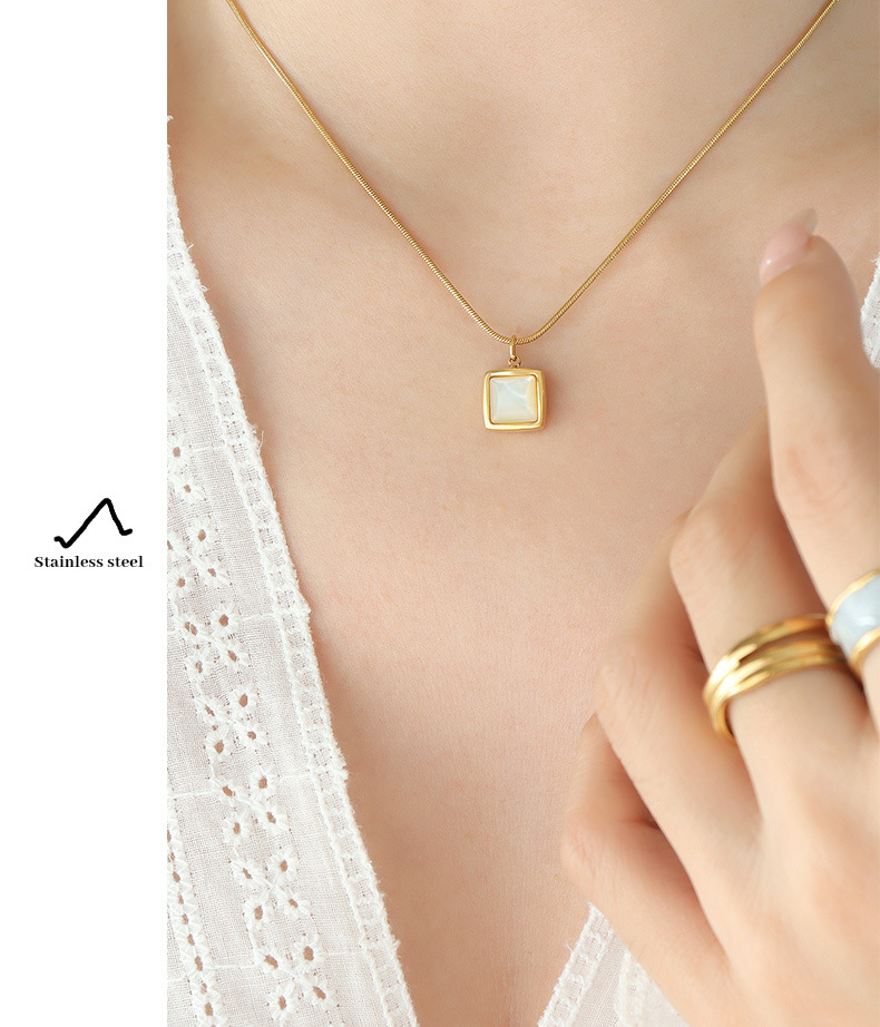 French Instagram Cool Wind Square White Sea Shell Pendant Necklace with Small Design Titanium Steel Gold Plated Round_voghion.com