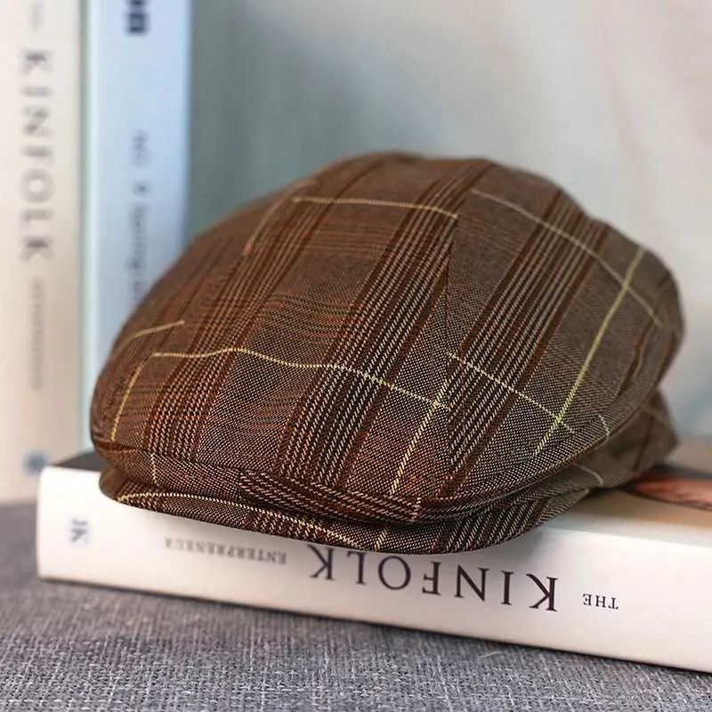 Brown Checkered Button en Cotton Womens Mens Ivy Driving Spring and Autumn Flat Hat Retro Gatsby Beret A-54 Y241031_voghion.com