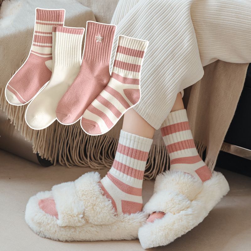 Solid color cotton for children, winter rabbit cashmere, thick midsole women's s, striped embroidery, high elastic_voghion.com