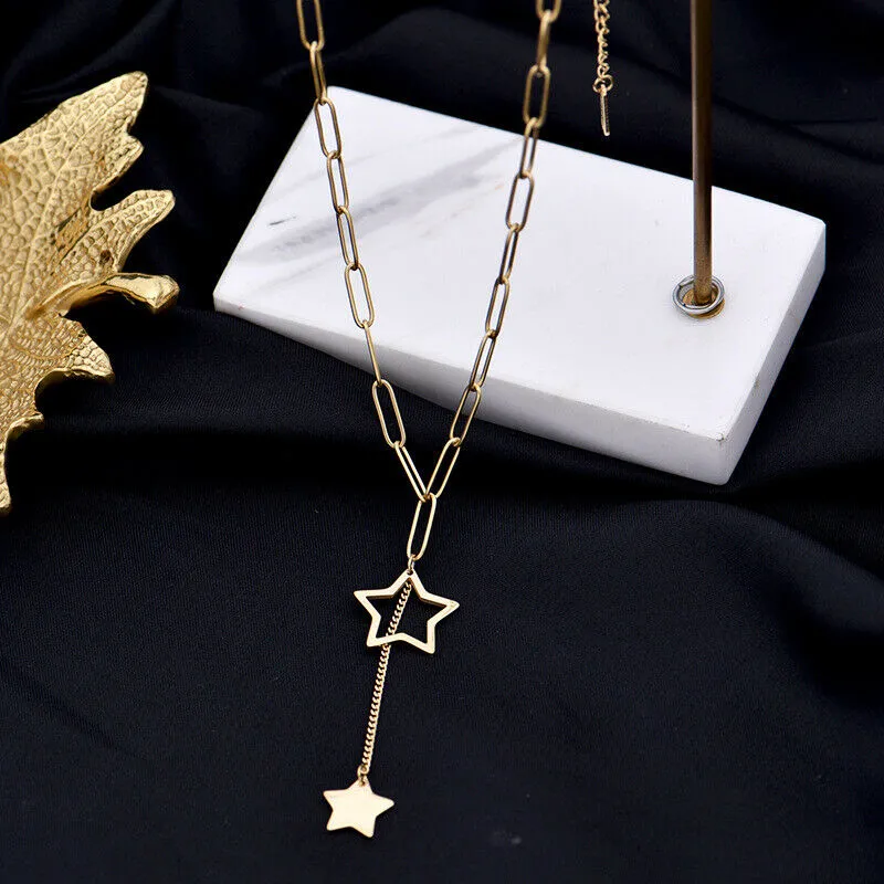 Catene 2023 Delicata Donna 14K Placcato Oro Acciaio Inossidabile Graffetta Catena Collana Stella Ciondolo Choker Nappa Collane_voghion.com