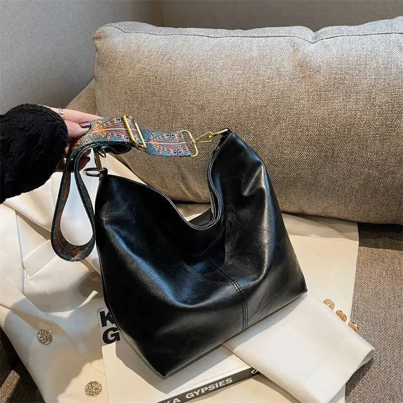 Borsa a tracolla vintage tinta unita in pelle PU da donna alla moda, con tracolla larga e semplice, a secchiello, a tracolla Ba241216_voghion.com