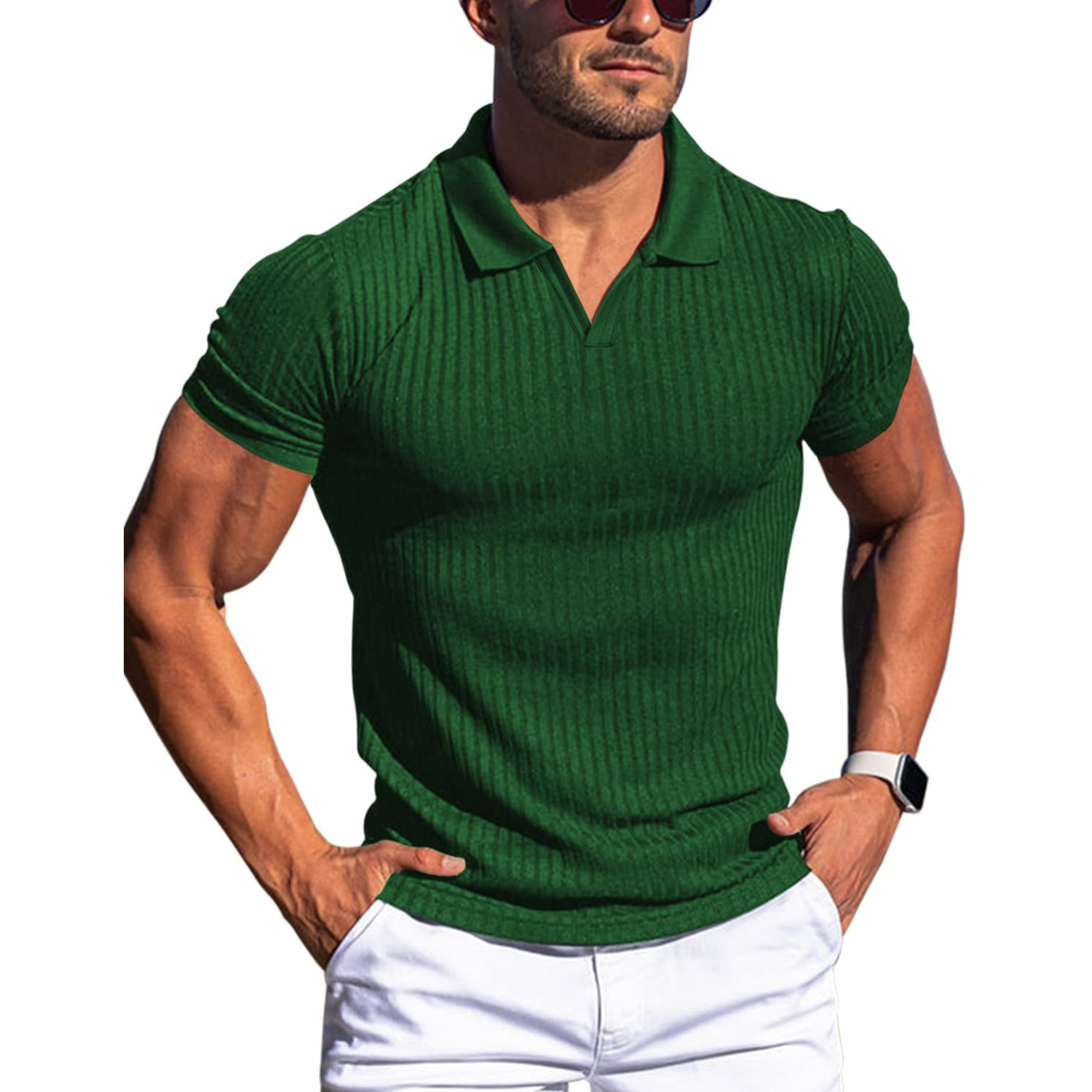 Men's Polo Shirt Lapel V-Neck Vertical Stripe Short-Sleeved Men's T-Shirt