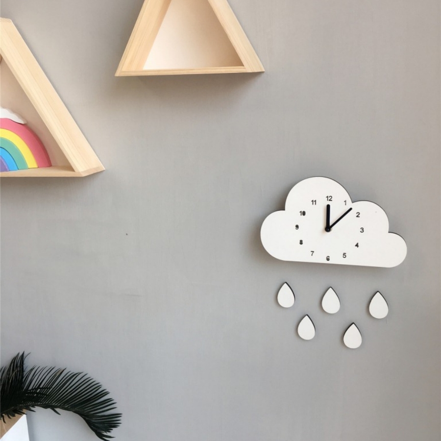 Decora la cameretta dei bambini in stile nordico e il negozio di abbigliamento per bambini Decora nuvole a forma di cartone animato, gocce d'acqua, decorazione da parete con orologio silenzioso_voghion.com