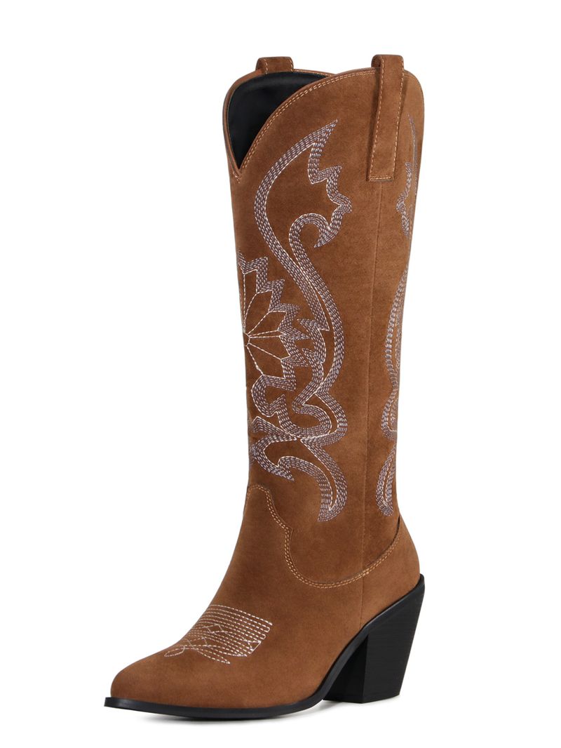 Spitzer Westernstiefel aus Wildleder-Denim mit Stickereien und klobigem, mittelhohem Absatz_voghion.com
