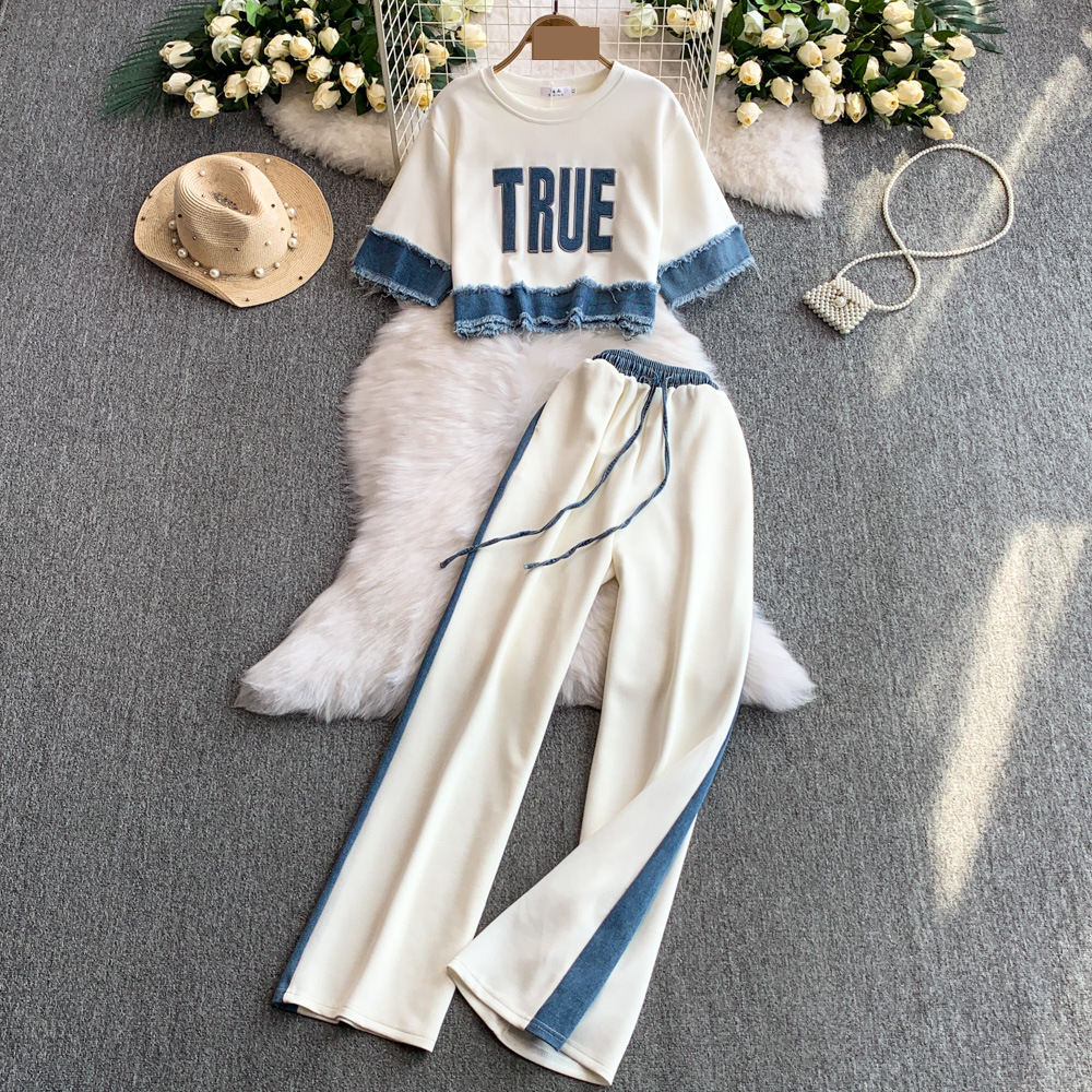 Women’s Clothing Style Niche Design Splicing Tassel Denim Short Sleeved Top High Waist Slim Wide Leg Pants Two Piece Set