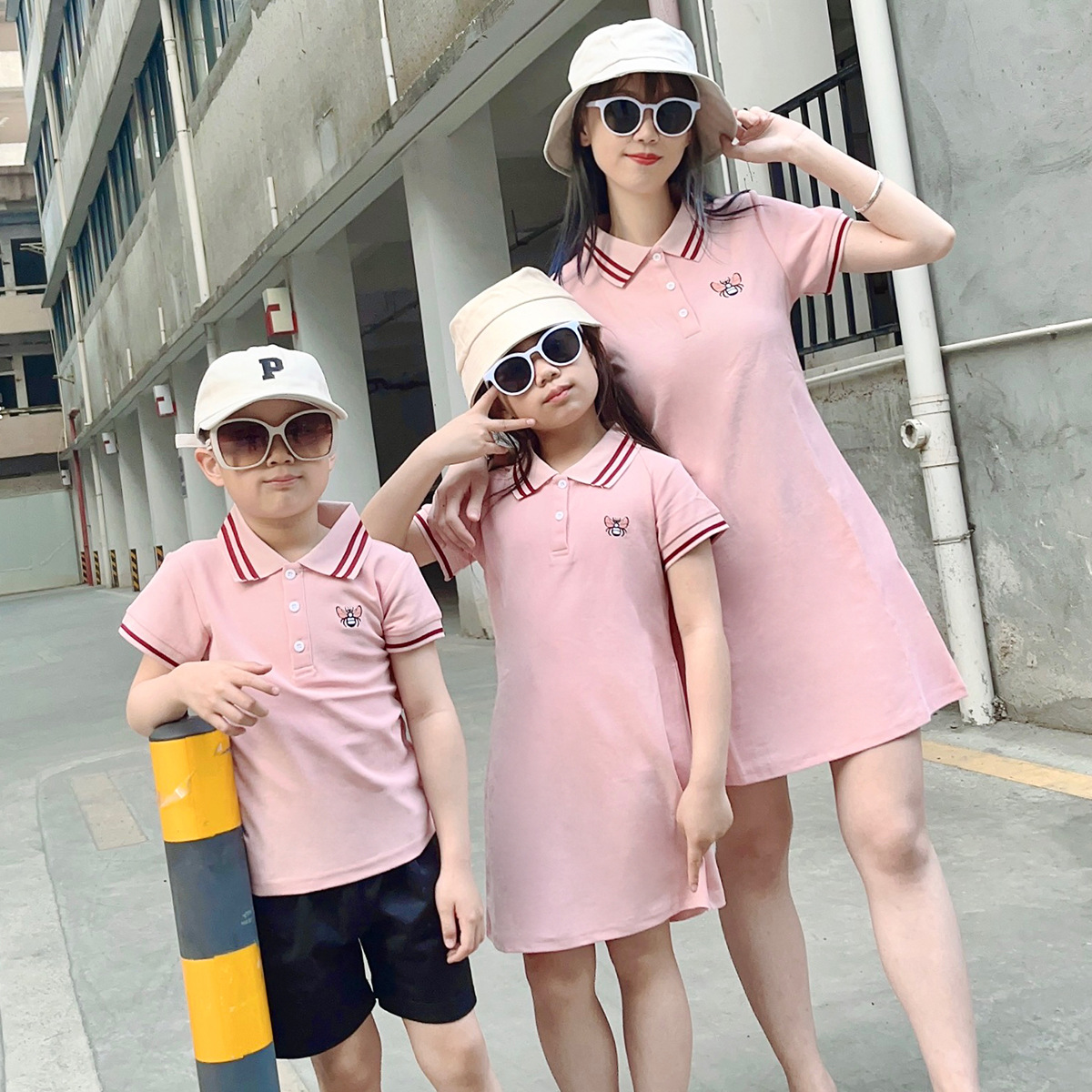 Mother & Kids High-end parent-child clothing 2024 new summer family of three or four polo lapel mother and daughter dress family suit